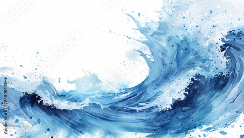 A painting depicting a bold blue wave contrasted against a clean white background