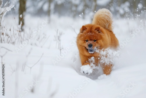 A playful Chow Chow enjoying a romp in the snow, its fluffy coat contrasting beautifully with the winter landscape, © Anna