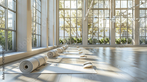 Tranquil Yoga Studio with Rolled Mats and Abundant Natural Light