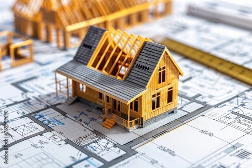 Model Home on Construction Plans with Blueprints in Background