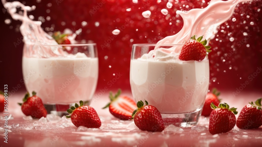 A glass of milk with strawberries. Cocktail. Berries. Milk Day concept. A glass of milk with strawberries. Cocktail. Berries. Milk Day concept.