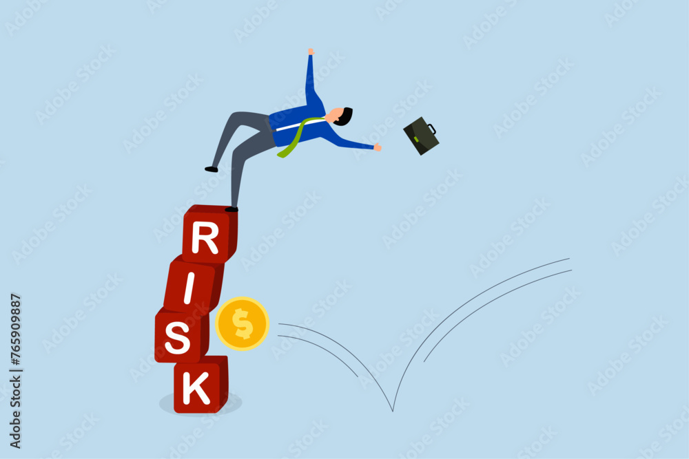 Investment risk, investor falling stack block word RISK effect money coin. Investment risk, investor falling stack block word RISK effect money coin.