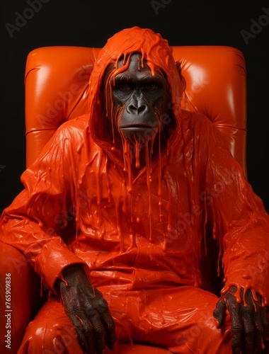 Man in Red Gorilla Suit Sitting in Chair photo