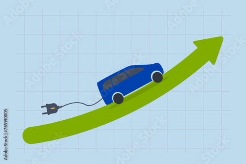 Electric car stock pice soaring, Electric car charging cruise on a rising green stock market arrow chart.