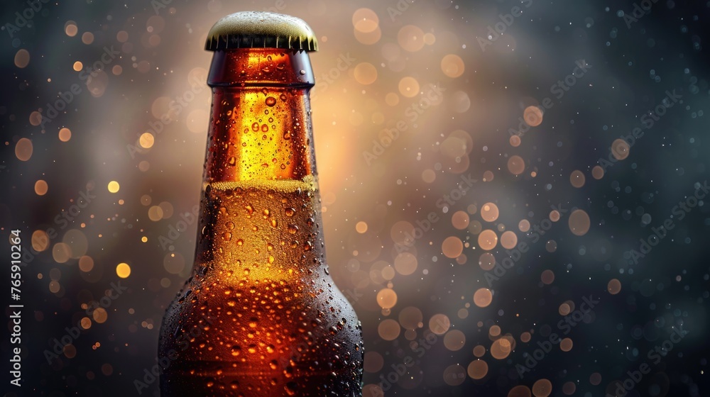 Cold Dark Beer Bottle Close-Up with Bokeh Background Cold Dark Beer Bottle Close-Up with Bokeh Background