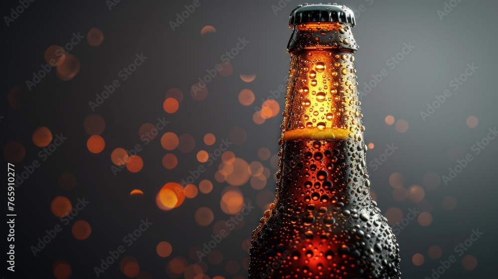 Cold Dark Beer Bottle Close-Up with Bokeh Background - obrazy, fototapety, plakaty 