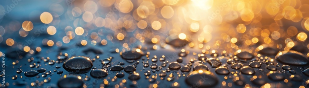 Water droplets on metal, reflecting sunlight, close-up, blend nature and tech, glossy and sleek. - obrazy, fototapety, plakaty 