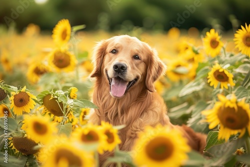 A playful Golden Retriever romping through a field of sunflowers, its golden fur blending harmoniously with the vibrant blooms, Copy Space.