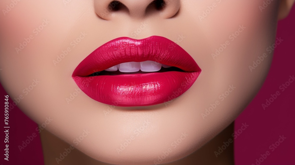Fototapeta premium Close-Up of Womans Face With Bright Red Lipstick
