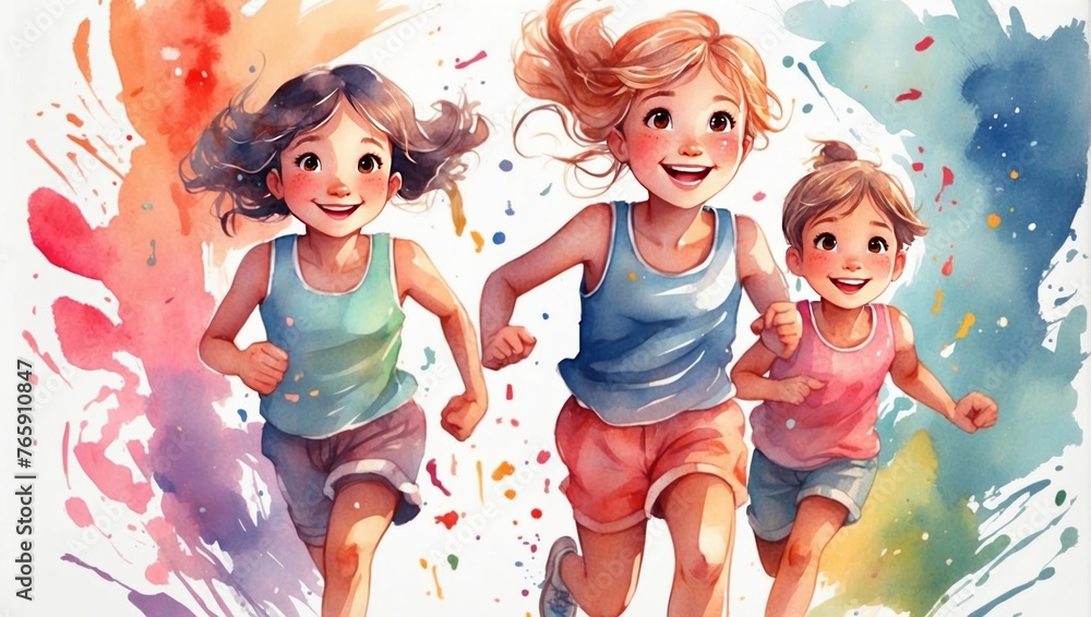 Happy joyful children are running. Children's Day concept. Watercolor style