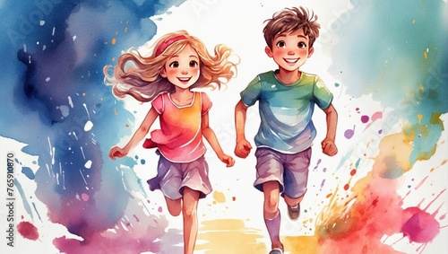 Happy joyful children are running. Children's Day concept. Watercolor style