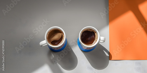 Jeu d'Ombres et de Lumière avec Deux Tasses de Café sur Fond Bicolore photo
