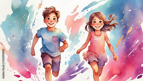 Happy joyful children are running. Children s Day concept. Watercolor style