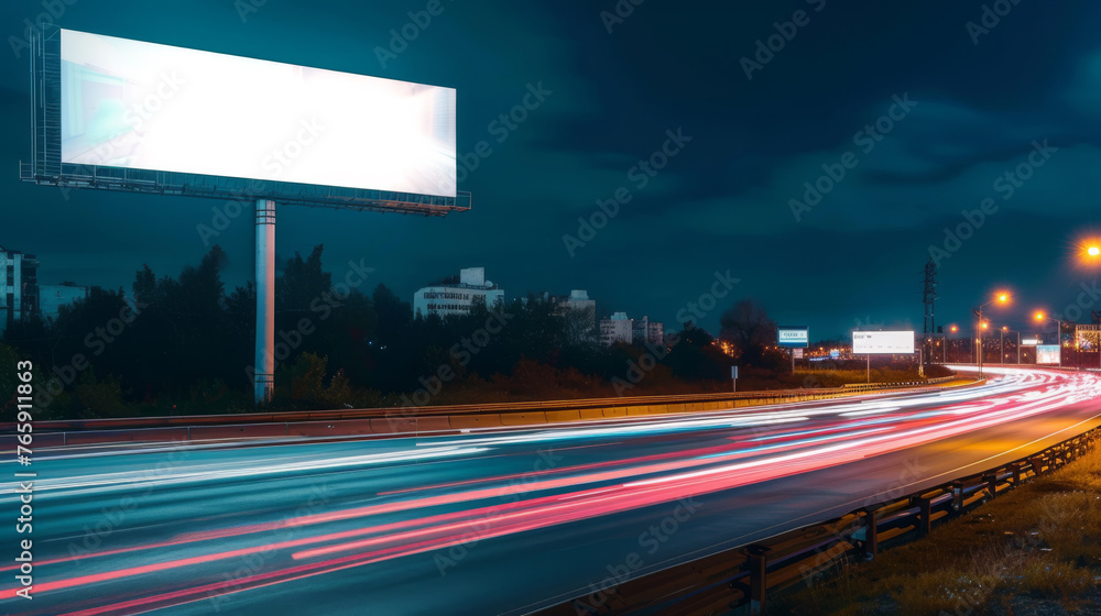 White Blank Illuminated Billboard on Busy Road at Night, Generative AI