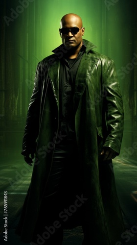 Man in Trench Coat Against Green Background