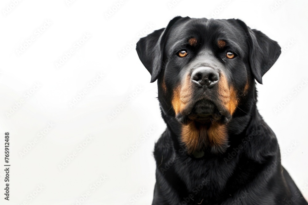 Fototapeta premium A stoic Rottweiler posing for the camera, with a blank area on the bottom left corner, perfect for adding text.