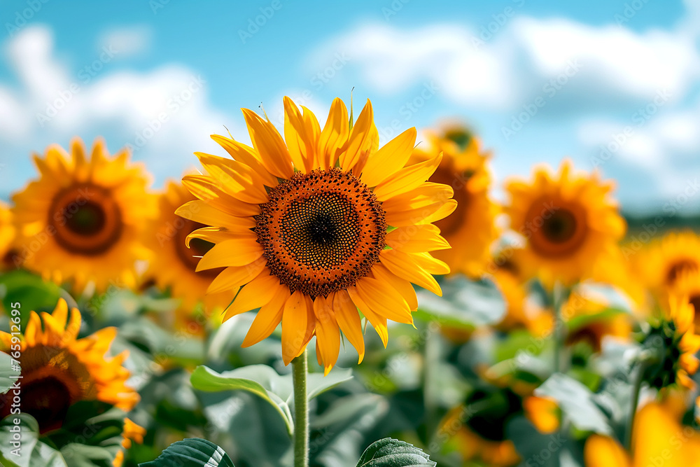 Obraz premium Summer Sunflower Field Under Blue Sky