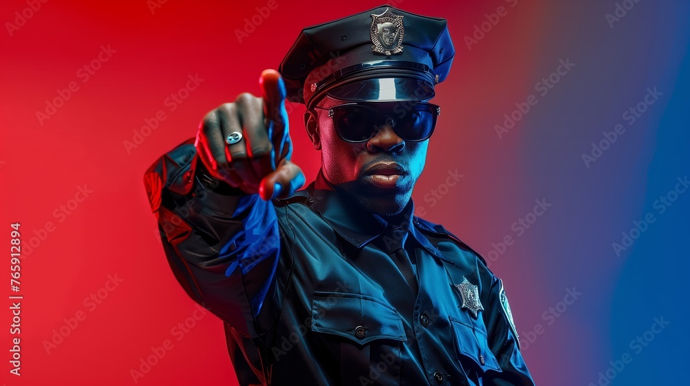 Studio shot of Africian policeman on red gradient background Studio shot of Africian policeman on red gradient background