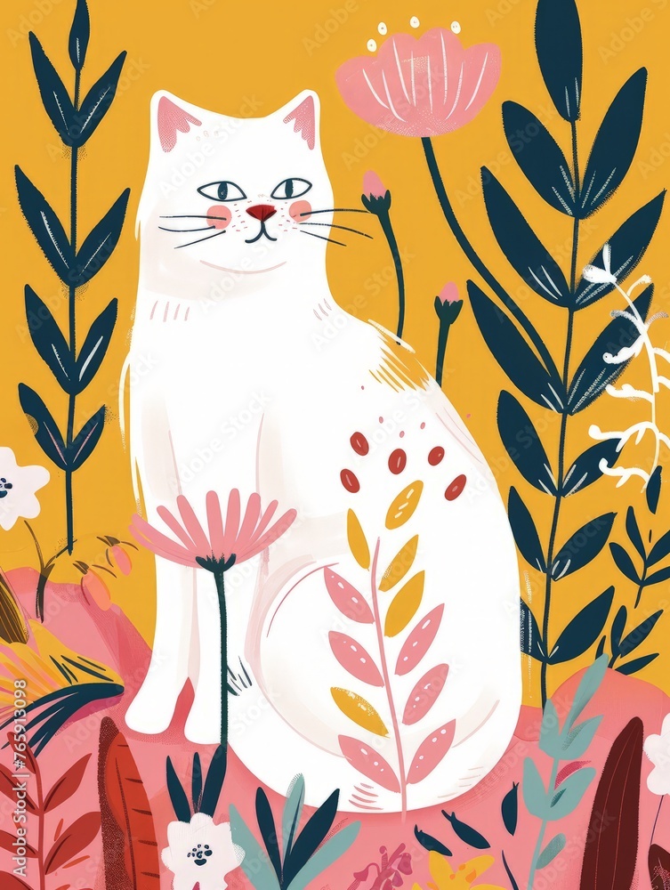 A white cat is seated among colorful flowers in a vibrant field