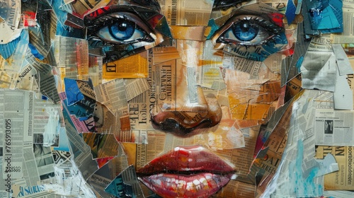 Modern Abstract Female Face Artwork with Newspaper Fragments