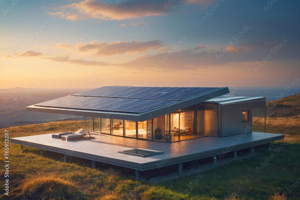 Model of a small house with a solar panel on the roof. The house is surrounded by a lush green field. Eco-friendly private home concept Model of a small house with a solar panel on the roof. The house is surrounded by a lush green field. Eco-friendly private home concept