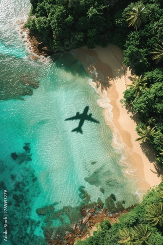 Airplane Shadow Over Tropical Beach and Clear Waters