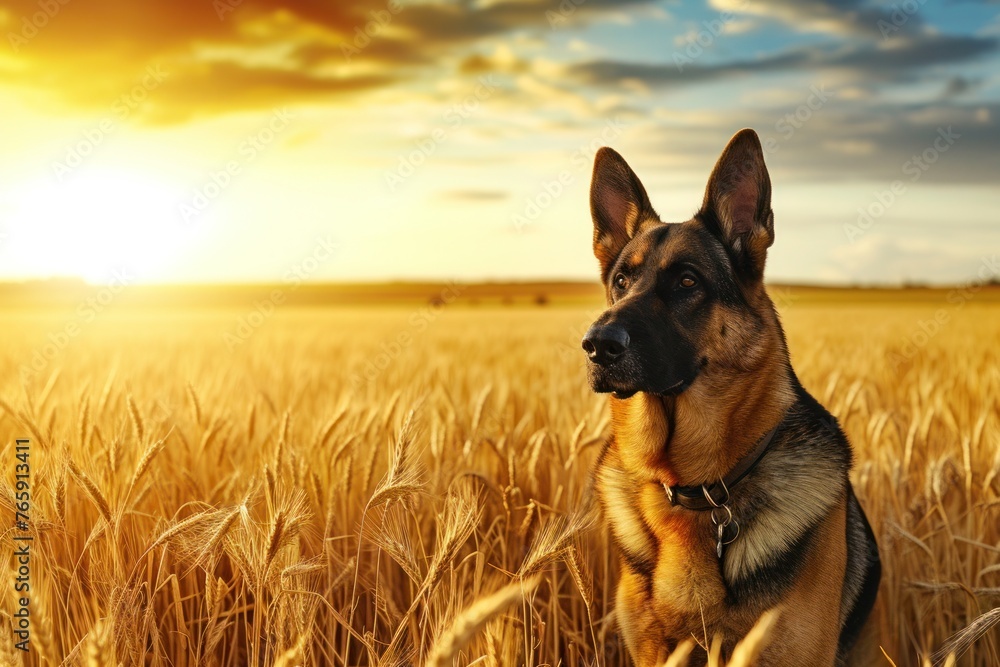 A regal German Shepherd standing at attention in a field of golden wheat, with the sun setting behind it and copy space available on the left. A regal German Shepherd standing at attention in a field of golden wheat, with the sun setting behind it and copy space available on the left.