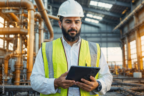An Arab engineer in a yellow vest holds a tablet and looks at it against the backdrop of an oil plant. He wears a helmet and a safety vest.