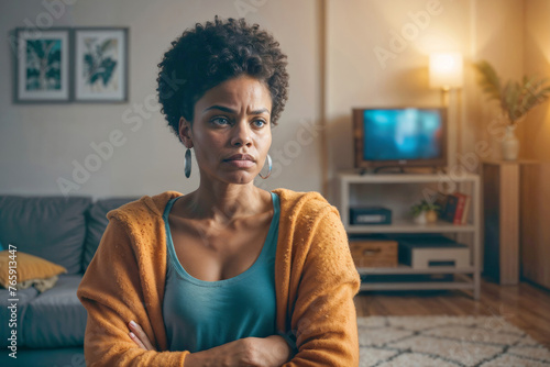 Sad Afro woman sits on a couch. Woman depression or domestic violence. People, grief and domestic violence concept