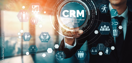 Fototapeta Naklejka Na Ścianę i Meble -  CRM Customer Relationship Management for business sales marketing system concept presented in futuristic graphic interface of service application to support CRM database analysis. uds