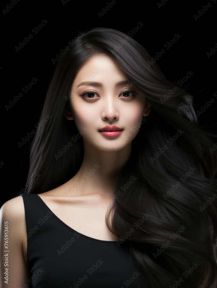 Dark-Haired Woman Standing Against Black Background