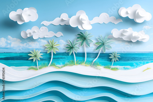 Idyllic view of a tropical beach: palm trees, coastal waves, turquoise sea, blue sky, with elements of paper cut, concept of tourism,travel,beach holidays,spa industry,relaxation