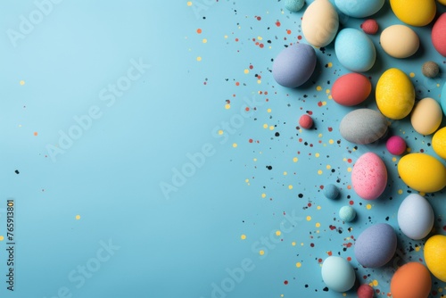 Easter egg flat lay on blue background, spring holiday theme with space for text