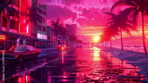 Beach strip by the ocean in sunset shades, pink colors. 80s style. retro background. nostalgia. Generative AI