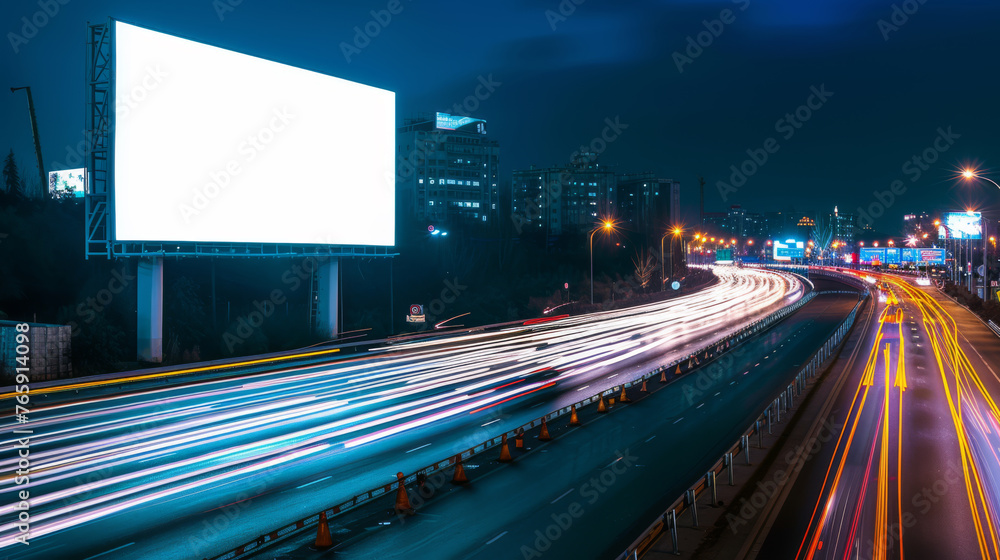 White Blank Illuminated Billboard on Busy Road at Night, Generative AI