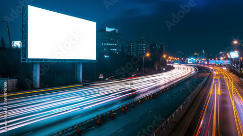 Obraz na płótnie White Blank Illuminated Billboard on Busy Road at Night, Generative AI w salonie