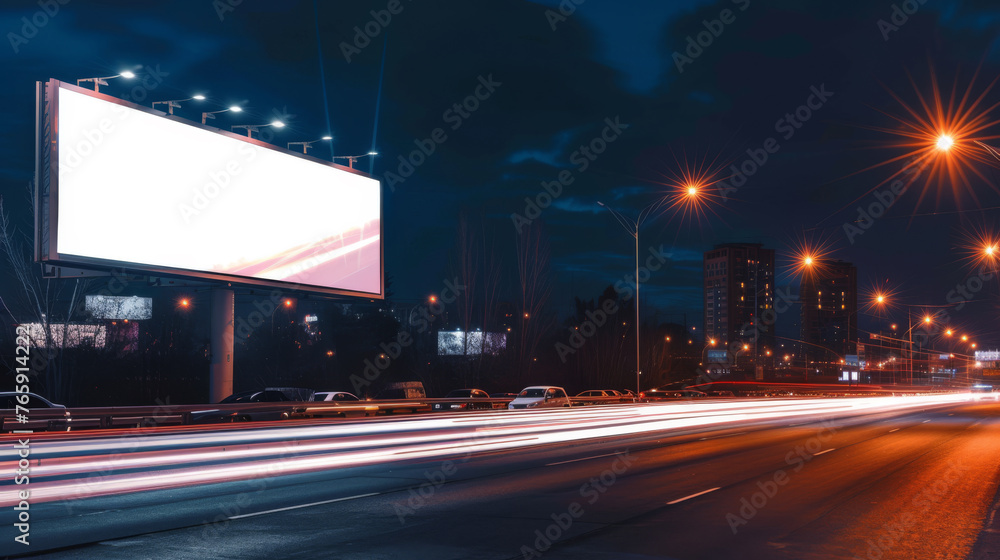 White Blank Illuminated Billboard on Busy Road at Night, Generative AI