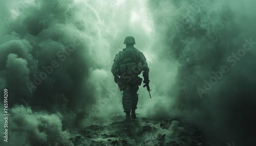 military soldier walking holding M4. Green steam on M4 gun.generative ai © LomaPari2021