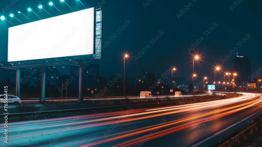 White Blank Illuminated Billboard on Busy Road at Night, Generative AI