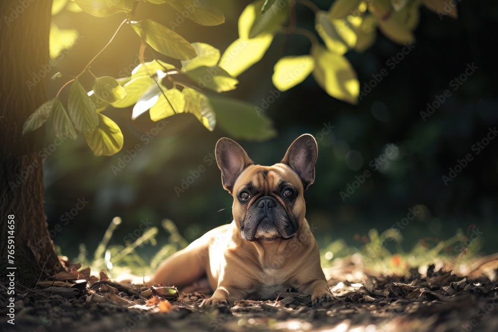 A serene French Bulldog lying in a patch of dappled sunlight under a leafy tree, Copy Space A serene French Bulldog lying in a patch of dappled sunlight under a leafy tree, Copy Space