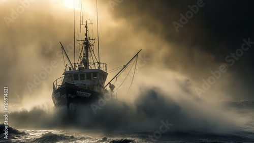 Maritime fishing boat emerging from early morning fog. Mist and a scene common on the Atlantic Seaboard and Grand Banks.