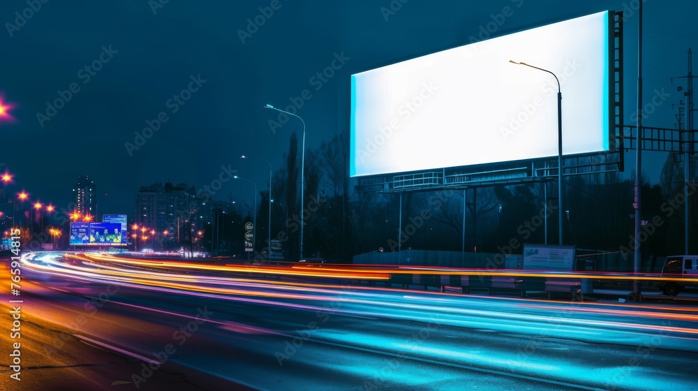 White Blank Illuminated Billboard on Busy Road at Night, Generative AI