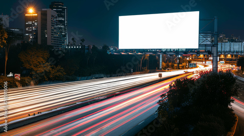 White Blank Illuminated Billboard on Busy Road at Night, Generative AI