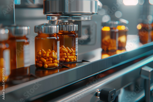 A close-up view of a high-tech automated packaging line in a pharmaceutical manufacturing facility.