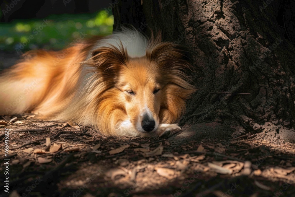 Naklejka premium A serene Shetland Sheepdog resting under the shade of a tree, its peaceful expression and relaxed posture conveying a sense of tranquility.