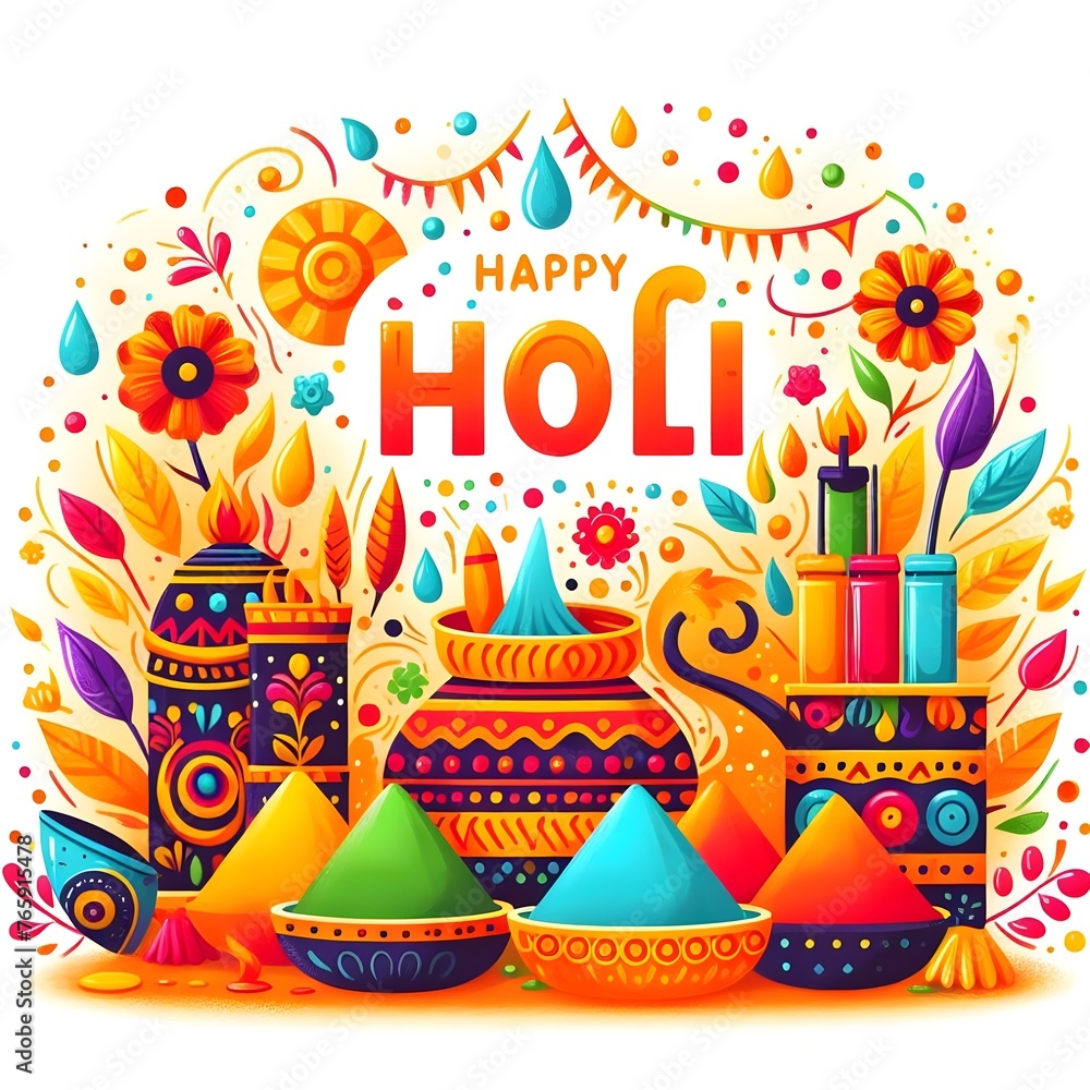 Happy Holi greeting card with colorful indian floral background. Vector illustration