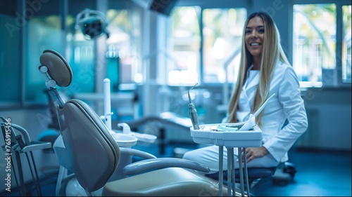 A female dentist in a white lab coat sitting in a dentist's chair