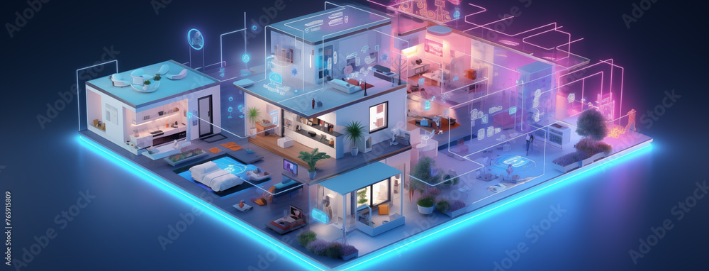 3d rendering of a smart home with many lights on in an electric blue skyscraper