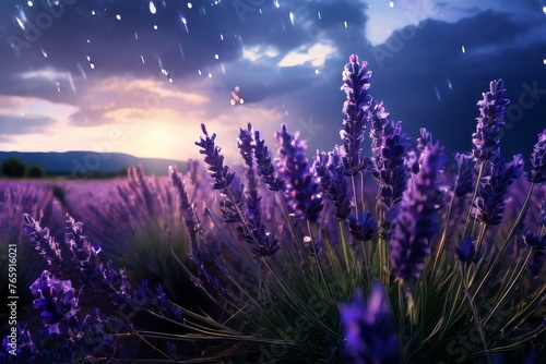 Sunset over a violet lavender field .Valensole lavender fields 