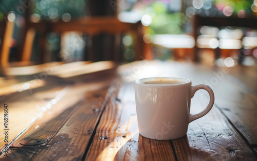 White coffee cup sits on wooden table. Table is surrounded by chairs, and scene takes place in cafe. Cup is filled with coffee, and sunlight is shining on it, creating warm